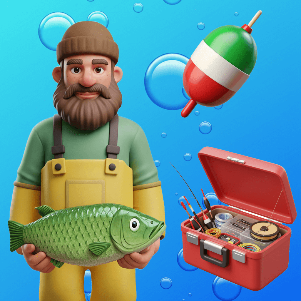 Biggie Pass Fishing Banality gameplay screenshot showing fisherman character with fish